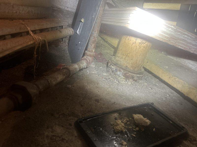 Conducted on-site assessment for 100-gallon water heater replacement in basement utility area. Evaluated existing unit showing signs of age and deterioration, documented current installation configuration including venting system with metallic exhaust hood and horizontal ductwork. Inspected surrounding infrastructure, concrete flooring conditions, and existing plumbing connections to determine replacement requirements and compatibility with new equipment installation.