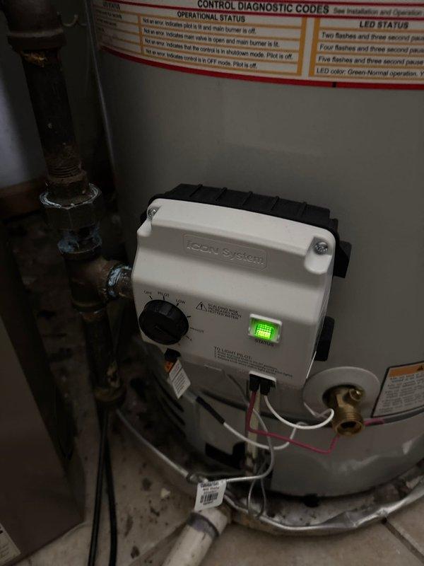 Responded to no hot water complaint and successfully restored hot water service. Technician stopped to pick up necessary parts prior to arrival, then diagnosed and repaired the water heater's Icon System gas valve control module, which was preventing proper operation. Unit tested operational with green LED indicator illuminated, confirming system restored to normal function before 4pm deadline.