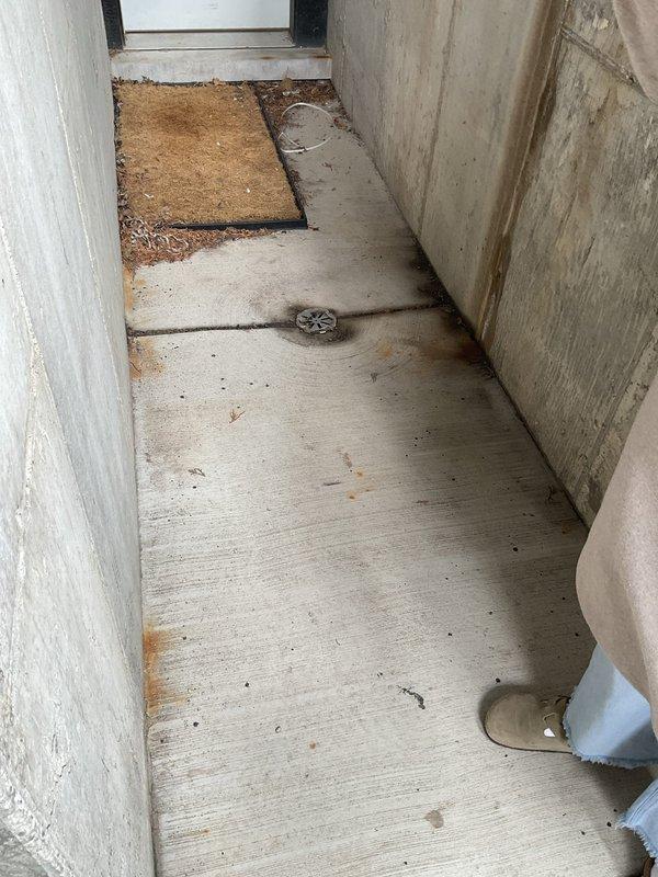 Conducted site assessment of exterior drainage system at commercial condominium building to provide rodding estimate for 3-4 floor drains experiencing blockages from accumulated leaves and debris. Inspected stairwell landing drain and corridor drainage points, documenting conditions including visible organic matter buildup, water staining on concrete surfaces, and drainage infrastructure requiring mechanical cleaning to restore proper flow capacity.