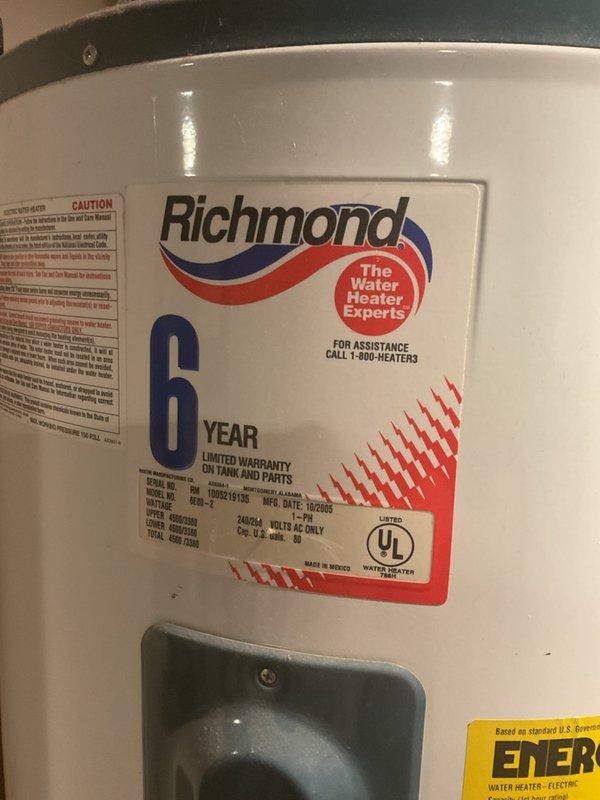 Completed estimate for heat pump water heater replacement to upgrade existing 80-gallon electric water heater system. Assessed current dual water heater installation in utility room, documented existing Richmond brand electric units with 6-year limited warranty, and evaluated plumbing connections including copper and flexible supply lines. Provided recommendations for transitioning to energy-efficient heat pump water heater technology to reduce operational costs and improve system performance.