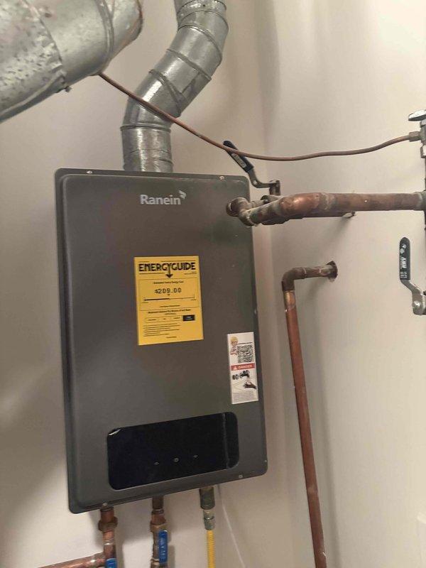 Provided estimate for tankless water heater replacement after customer reported error codes and lack of hot water from unit installed six months prior. Assessed existing Rinnai tankless water heater installation, including gas line connections, copper water supply lines, venting system, and electrical connections. Customer has already purchased replacement unit and requires professional installation services to restore hot water functionality to the residence.