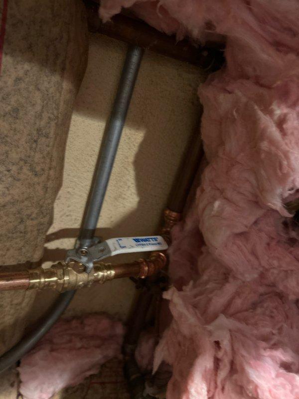 Completed exterior hose bib replacement and installed new brass ball valve shutoff on water supply line in attic crawlspace. Customer approved financing and authorized work to proceed with full system repair including upgraded shutoff valve for improved water control and prevention of future leaks.
