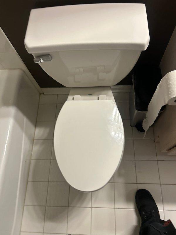 Completed toilet inspection and assessment in residential bathroom. Documented existing conditions of standard two-piece white porcelain toilet installation, including tank, bowl, and flush mechanism. Verified proper placement and functionality of fixture against dark wall with white tile flooring. Confirmed toilet paper holder mounting and overall bathroom plumbing configuration for service records.