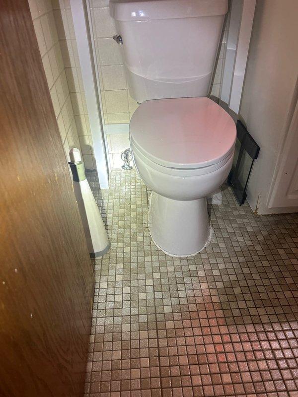 Responded to customer report of water leak behind toilet in residential bathroom. Conducted visual inspection of toilet installation, surrounding floor tiles, and wall connections. Documented existing conditions including mosaic tile flooring with visible water damage and discoloration, white subway tile walls, and standard two-piece toilet fixture. Assessed leak source and provided estimate for necessary piping repairs to address water infiltration issue.