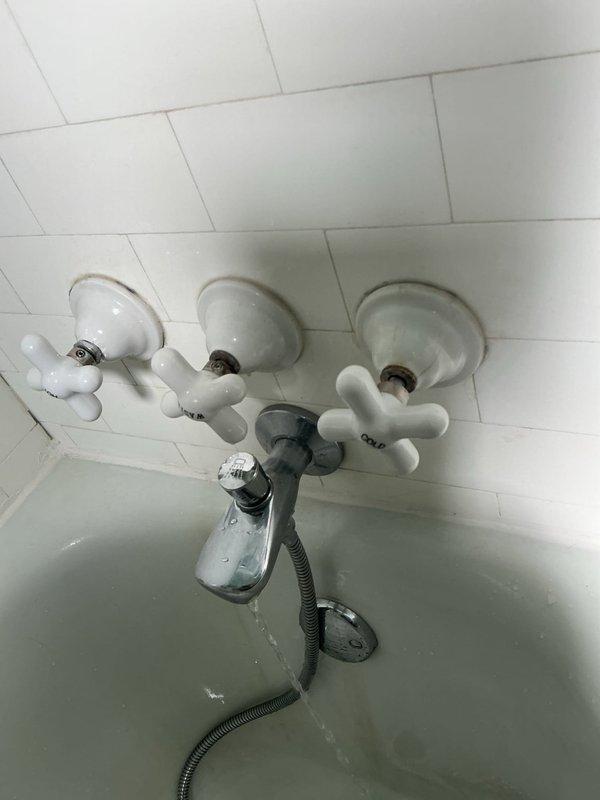 Responded to a bathtub faucet leak in a century-old home where water had been dripping for several weeks. Inspected the wall-mounted three-handle faucet fixture system and associated plumbing connections in the tiled bathroom area. Assessed the aged plumbing infrastructure throughout the property, including examination of basement piping and valve assemblies, to determine the source of the leak and evaluate the overall condition of the water supply system given the home's age and existing wear patterns.