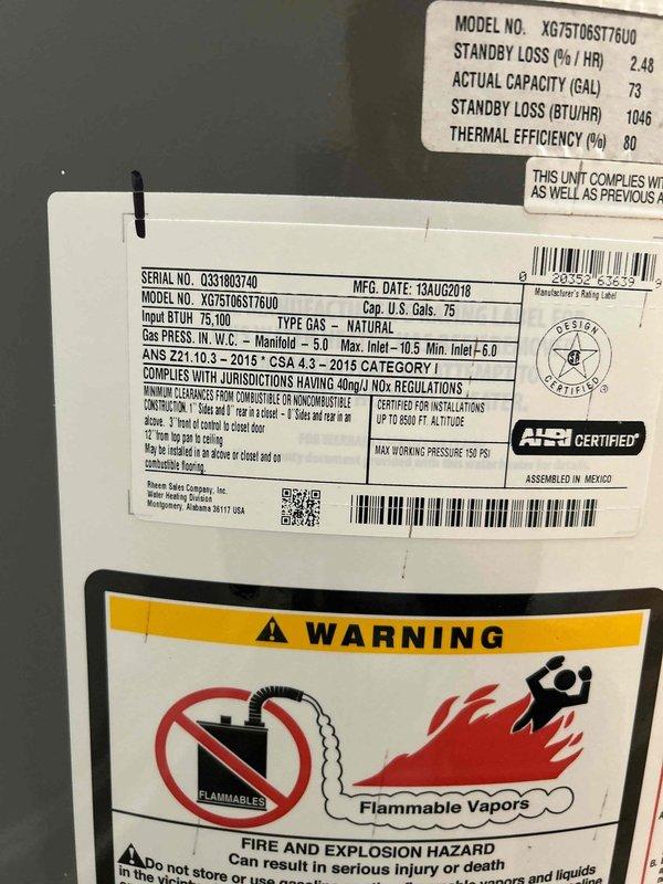 Responded to water heater repair service call and performed diagnostic inspection on 75-gallon natural gas water heater (Model XG75T06ST76U0, manufactured August 2018). Identified faulty gas control valve assembly requiring replacement. Ordered replacement part through Ferguson HVAC for pickup on will call. Documented equipment condition and gas control valve configuration with photos. Scheduled return visit to complete installation of new gas control valve and restore unit to proper operation.