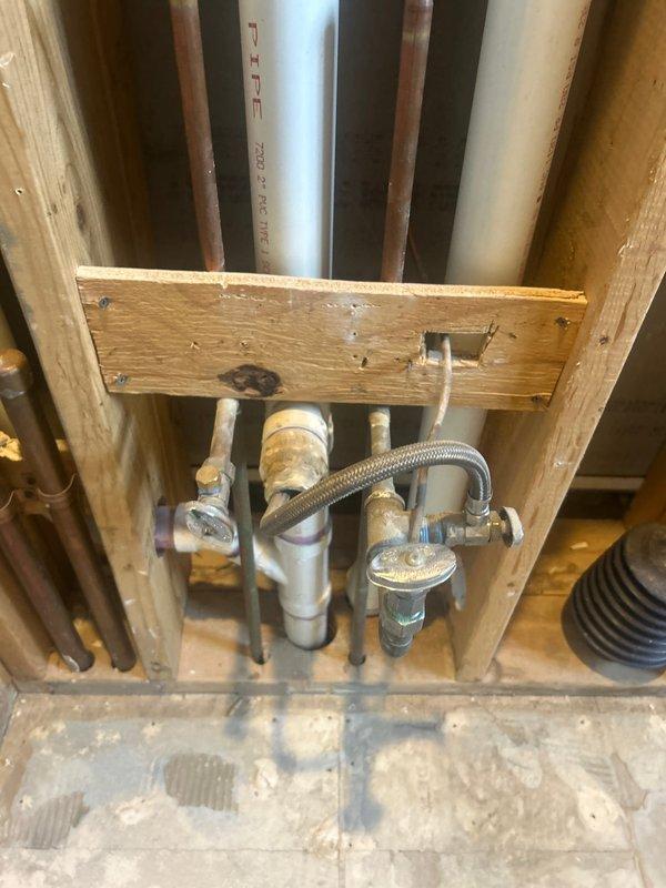 Completed installation estimate and site assessment for customer-supplied tub and shower unit. Evaluated existing plumbing infrastructure, including copper supply lines, PVC drain assemblies, and valve connections within exposed wall cavity. Documented rough-in conditions, joist spacing, and drainage routing to ensure proper fixture placement and code compliance for upcoming installation.