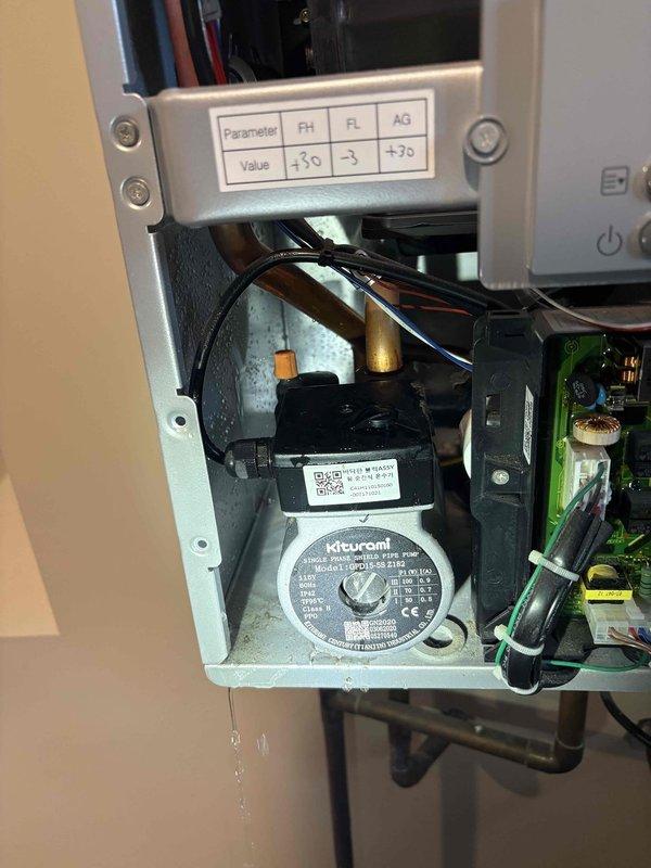 Responded to service call for Rheem Performance Platinum tankless water heater (Model# ECOH200DVRHLN) experiencing leak and no hot water production. Upon inspection, accessed internal components and identified circulation pump failure causing system malfunction. Replaced defective circulation pump assembly, tested all connections for proper operation, verified heat exchanger integrity, and confirmed system parameters were within manufacturer specifications. Unit restored to full operational status with proper hot water delivery and no active leaks detected.