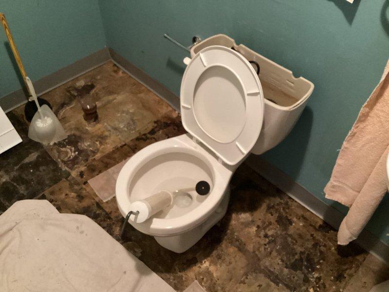 Responded to priority call for toilet leaking at base during flushing. Upon arrival, found significant water damage to bathroom subflooring requiring removal of existing flooring material to assess extent of deterioration. Diagnosed failed wax ring seal at toilet base allowing water to escape during flush cycles. Removed toilet, replaced wax ring seal, and reinstalled toilet with proper flange connection. Performed annual plumbing maintenance inspection including testing all fixtures, checking supply lines, and verifying proper drainage throughout the system.