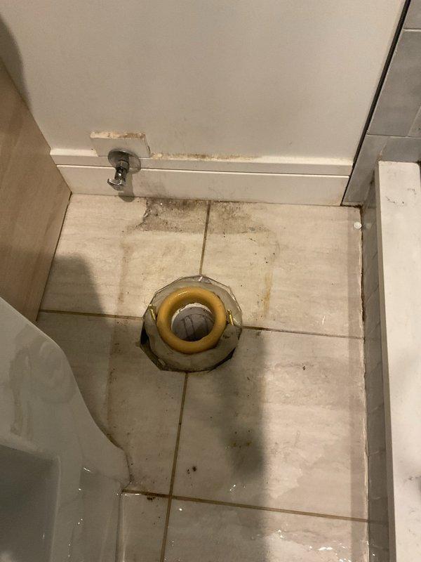Responded to service call for bathroom floor drain maintenance and cleaning. Upon arrival, confirmed payment collection prior to commencing work per company protocol. Assessed bathroom floor drain showing significant buildup and discoloration around chrome grate assembly. Floor tiles exhibited extensive staining and deterioration, particularly concentrated around central drain fixture with yellow-brown residue visible on rim and surrounding tile surfaces. Documented pre-service conditions with photographic evidence showing wear patterns, grout line staining, and accumulated soil deposits throughout bathroom floor area adjacent to toilet and glass shower enclosure. Addressed drainage concerns and completed necessary cleaning and maintenance procedures to restore proper function to floor drain system.