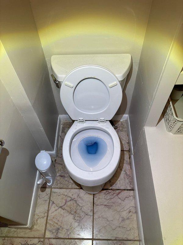 Responded to Unit 1F for reported toilet leak at base. Upon inspection, removed tank lid and assessed internal components and floor connection. Tank interior showed mineral buildup and sediment accumulation on porcelain surfaces. Examined wax ring seal, closet bolts, and floor flange connection point where leak originated. Completed necessary repairs to eliminate water seepage from toilet base, ensuring proper seal between fixture and floor flange. Verified all tank components functioning correctly and confirmed no active leaking upon completion.