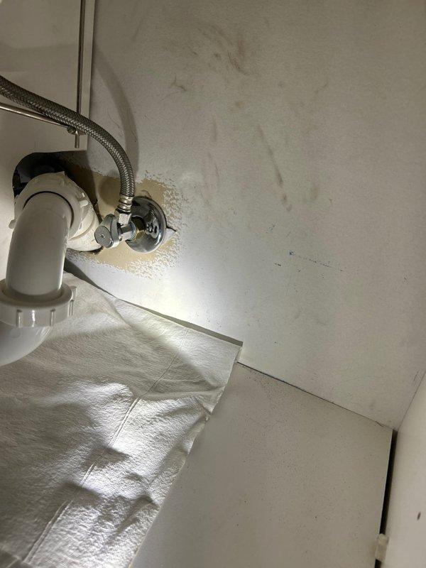 Responded to service call for leaking bathroom faucet with request for replacement. Upon inspection, identified active leak at faucet assembly and additional leak at supply line elbow connection beneath toilet. Observed water damage staining on wall surrounding water supply valve and moisture damage to vanity cabinet interior with discoloration on cabinet surfaces. Documented existing conditions including deteriorated cabinet materials and evidence of prolonged water exposure. Replaced defective bathroom faucet assembly and addressed leaking elbow connection at water supply line to eliminate active water infiltration and prevent further damage to surrounding fixtures and cabinetry.
