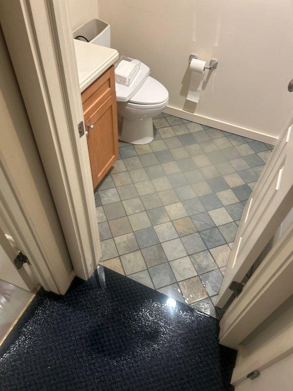 Responded to residential basement flooding concern with water surfacing through floor in area without visible floor drain. Conducted thorough inspection of basement bathroom and surrounding areas to identify source of water intrusion. Documented existing conditions including bathroom fixtures, flooring transitions, and potential drainage access points. Investigated deteriorated cylindrical pipe opening embedded in basement floor showing significant corrosion, rust staining, and standing water with sediment accumulation. Pipe exhibited heavy interior buildup and discoloration consistent with long-term moisture exposure and potential drainage system failure. Photographed evidence of compromised drainage infrastructure and provided estimate for necessary sewer and drain repairs to address water intrusion issue and restore proper drainage function.