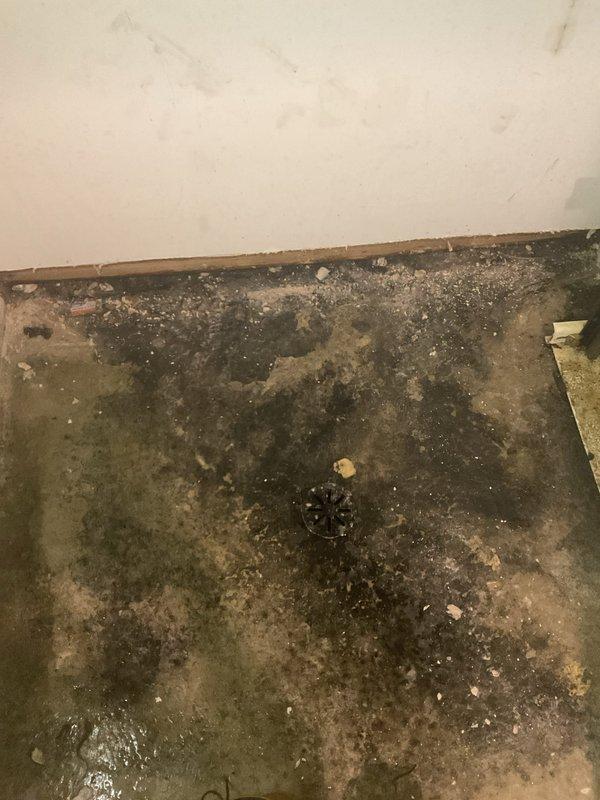 Responded to a clogged drain complaint in a basement utility area where a floor trap was backing up and causing water damage. Upon inspection, found extensive moisture damage and deterioration to the concrete floor surrounding the floor drain, with significant staining and discoloration indicating recurring drainage issues. Cleared the blocked floor trap to restore proper drainage function and prevent further water accumulation in the affected area.