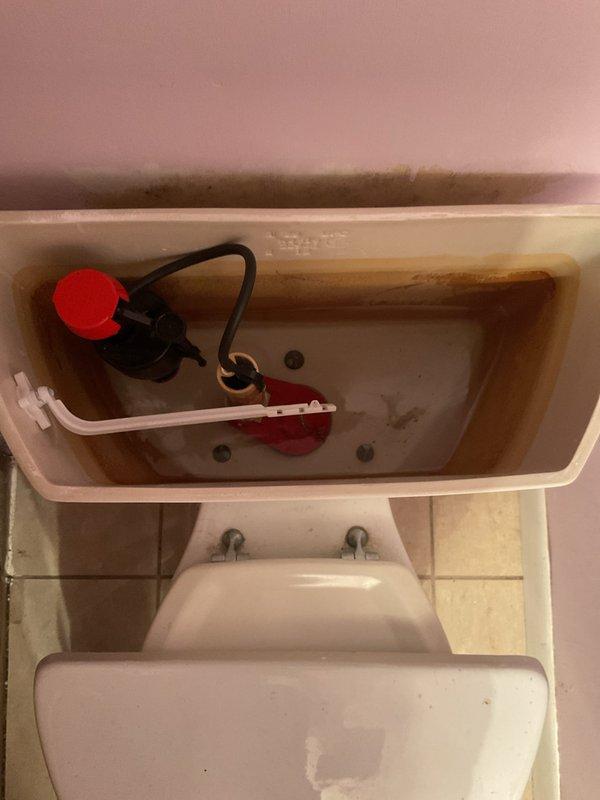 Responded to service call for three running toilets with suspected faulty flapper valves. Inspected toilet tank revealing deteriorated rubber flapper with compromised seal, evident mineral deposits and rust staining throughout tank interior indicating hard water conditions and continuous water flow. Replaced defective flapper valve and chain assembly, serviced remaining two toilets with similar flapper replacements, and verified proper shutoff and fill cycle operation on all three fixtures.