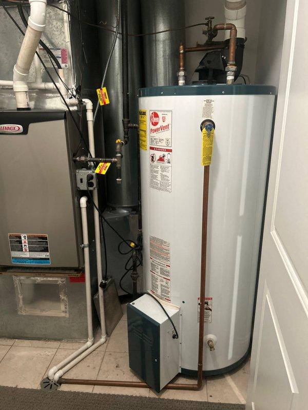 Conducted on-site evaluation for water heater replacement in residential mechanical room. Assessed existing Rheem PowerVent water heater system with circulation pump, copper piping connections, and PVC venting configuration. Documented current installation including electrical components, plumbing connections, and proximity to existing Lennox furnace unit. Provided comprehensive estimate for tank-style water heater replacement including necessary materials and labor.