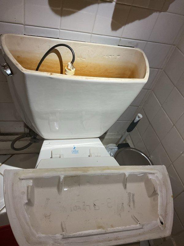 Responded to service call for toilet leaking onto bathroom floor. Upon inspection, removed tank lid and identified significant mineral deposits, rust buildup, and discolored water throughout the tank interior, indicating deteriorated internal components. The fill valve assembly and flush valve mechanism showed signs of age-related wear, with visible orange-brown staining on all ceramic surfaces and contaminated tank water. Documented existing conditions with photographs showing corroded internal mechanisms, including compromised rubber components and mineral accumulation affecting proper seal function. Diagnosed leaking issue as likely caused by failed flapper valve or deteriorated tank-to-bowl gasket allowing water to escape onto the floor. Presented repair options to address the active leak and restore proper toilet operation.