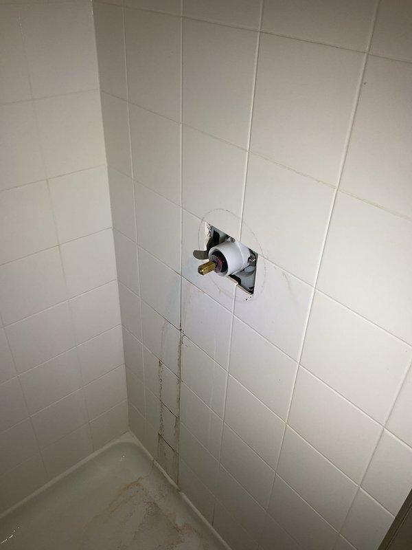 Completed removal of existing garbage disposal unit from under-sink plumbing system. Addressed leak at shower valve assembly where water infiltration had caused visible staining on tile wall extending from valve escutcheon down to tub edge. Disconnected disposal electrical connection and plumbing connections from P-trap assembly, ensuring proper capping of drain line. Inspected shower valve stem and mounting plate for proper seal and corrected source of leak to prevent further water damage to surrounding tile and grout.
