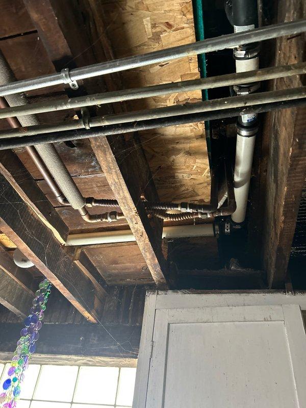 Responded to service call for water heater with reported leak and pest contamination underneath unit. Performed inspection of tanked water heater and surrounding area, identifying active water leak and evidence of mouse activity with accumulated debris beneath unit. Assessed structural access points including crawl space and overhead plumbing connections to determine extent of water damage and contamination. Documented conditions with photographs showing affected areas and plumbing infrastructure requiring attention for potential water heater removal and remediation.