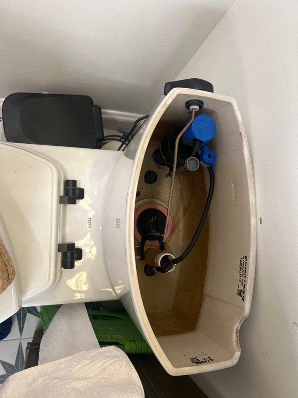 Completed toilet rebuild on TOTO brand fixture, including disassembly of tank components, inspection of internal flushing mechanism, and replacement of worn flush valve assembly with float valve system. Addressed mineral deposits and water staining found throughout tank interior, replaced deteriorated rubber flappers and connecting hardware, and performed camera inspection of drain line to verify proper function and rule out downstream blockages.