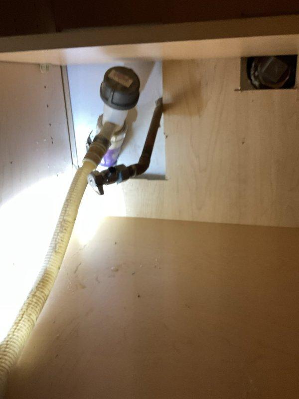 Completed plumbing estimate for dishwasher valve repair and replacement under kitchen sink cabinet. Assessed existing water supply connections, flexible braided supply lines, and shutoff valve condition showing signs of age and potential leakage. Provided estimate for valve replacement to restore proper water supply control to dishwasher.