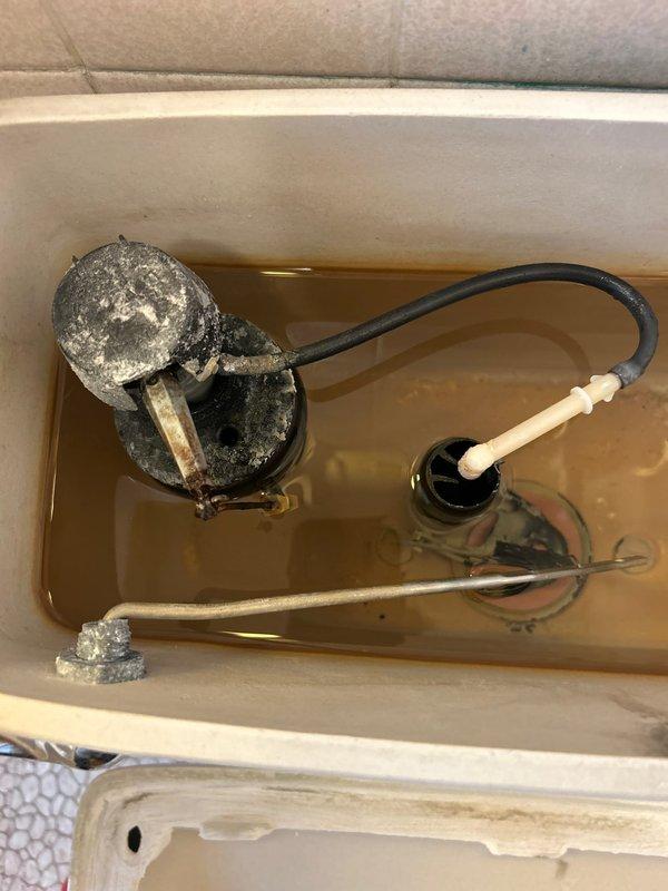Responded to priority service call for malfunctioning toilet with damaged internal tank components. Upon inspection, found that customer had temporarily repaired failed flush mechanism using zip ties. Assessed tank interior and discovered heavily corroded float ball assembly, deteriorated metal components with significant mineral buildup, and discolored water indicating rust contamination throughout the system. Recommended complete toilet tank replacement due to extent of corrosion and compromised integrity of existing flush assembly components.