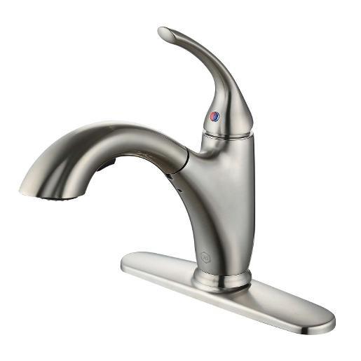 Installed a modern single-handle pull-out kitchen faucet with brushed stainless steel finish and deck plate escutcheon. The unit features a curved ergonomic lever with temperature indicators and contemporary styling, mounted securely to the sink deck with all connections tested for proper operation and leak-free performance.