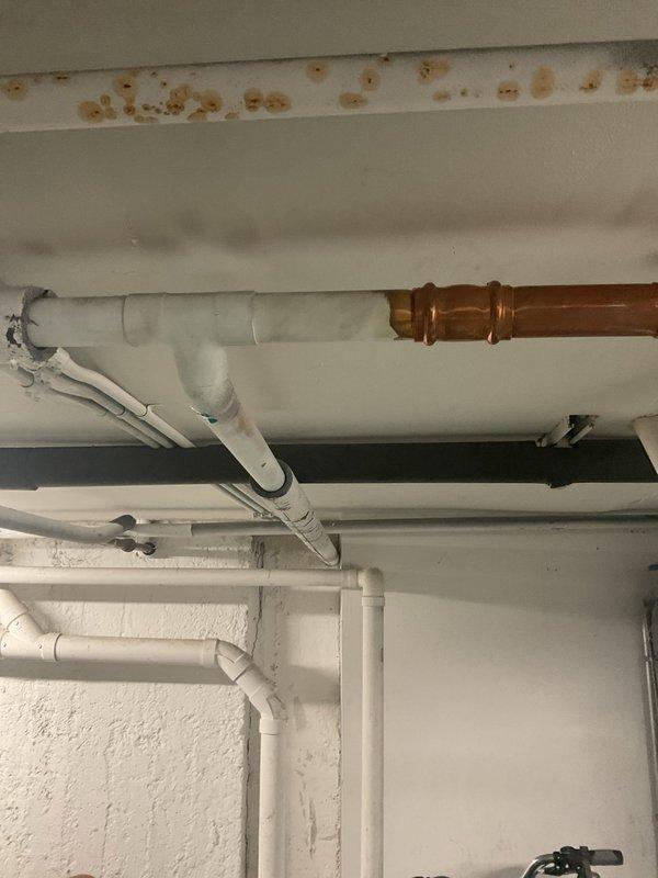 Completed installation of new plumbing piping system in basement utility area, including copper supply lines with brass fittings and white PVC drainage piping with multiple directional changes, elbows, and T-joints. Work was performed during a scheduled building shutdown to minimize disruption. All piping was properly secured to ceiling joists with appropriate mounting brackets and clips, ensuring code-compliant installation and optimal drainage flow.