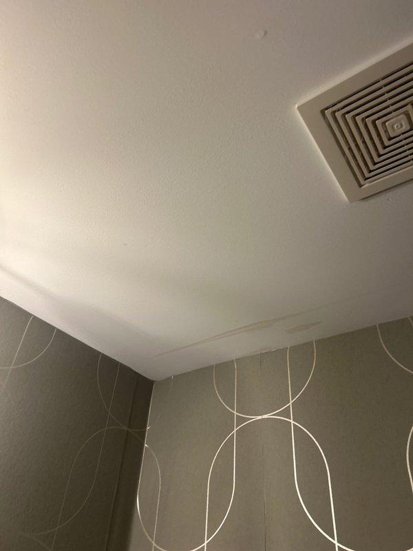 Responded to reported water spots on kitchen ceiling and powder room ceiling, both located directly below bathrooms. Conducted visual inspection of affected areas, documenting water staining patterns on ceiling surfaces to determine potential leak sources from plumbing fixtures or drain lines in the bathrooms above. Photographed ceiling conditions and surrounding areas for diagnostic assessment and documentation purposes.