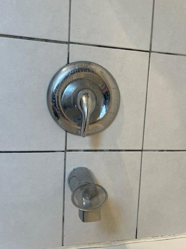 Responded to multiple plumbing issues including assessment of leaking tub spout fixtures, evaluation for new shower head and handheld shower head installations across multiple units, and inspection of outdoor spigot installation requirements. Additionally addressed a leaking pipe near the water meter and diagnosed a slow-draining bathtub, documenting existing fixture conditions showing water staining and corrosion on chrome trim plates and valve assemblies.