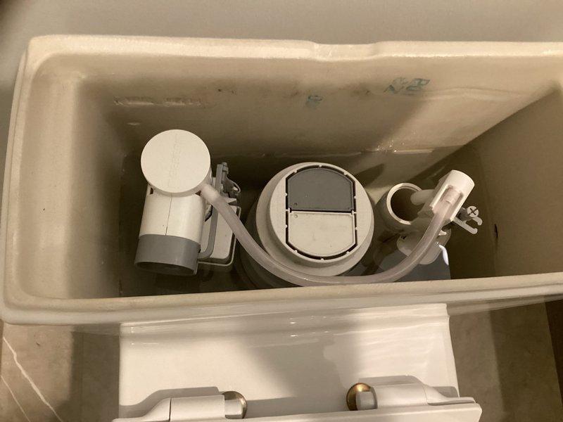 Responded to a Duravit toilet experiencing continuous hissing, phantom flushing, and internal dripping sounds that persisted after previous repair attempts. Inspected the dual-flush tank mechanism and identified issues with the fill valve assembly and flush valve components. Documented the existing condition of the internal flushing mechanism, including the float mechanism, flapper assembly, and connecting hardware for necessary repairs.