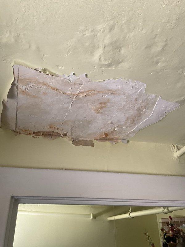 Responded to water leak investigation originating from first-floor powder room toilet causing visible plaster damage to basement ceiling below. Removed toilet to inspect flange assembly and discovered compromised wax ring seal with extensive water staining radiating across surrounding floor tiles, confirming active leak source. Documented significant ceiling deterioration in basement including sagging, delaminated plaster with multiple layers showing brown discoloration from prolonged moisture exposure. Diagnosed failed toilet seal as primary cause of water infiltration through floor assembly into ceiling cavity below.