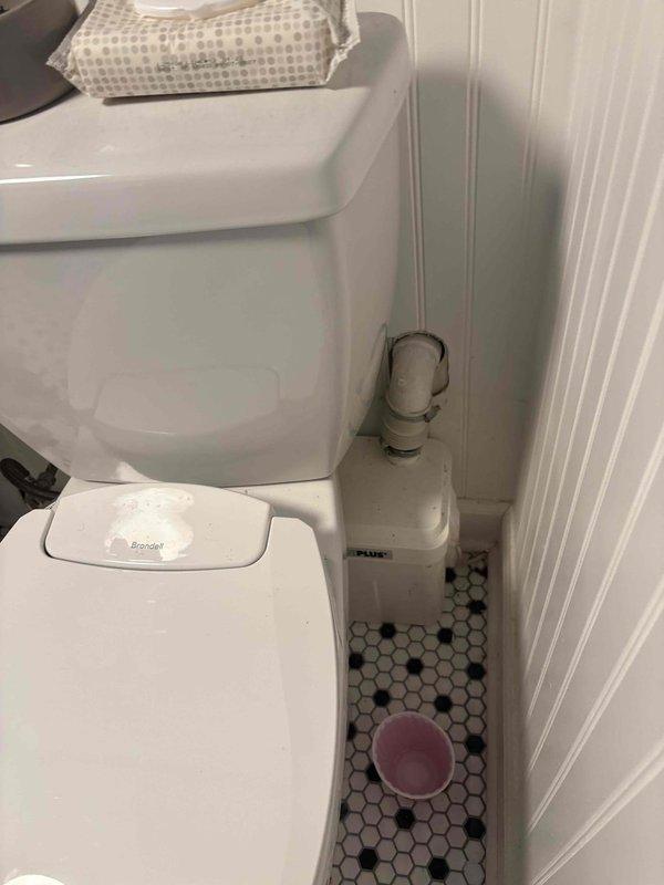 Replaced failed macerating pump system in residential bathroom. Removed and disposed of existing unit after disconnecting all hose clamps and band connections from existing piping. Installed new macerating pump with proper connections and bands to integrate with current plumbing configuration. Reinstalled toilet fixture using new mounting bolts to ensure secure placement. All connections tested and verified operational upon completion.