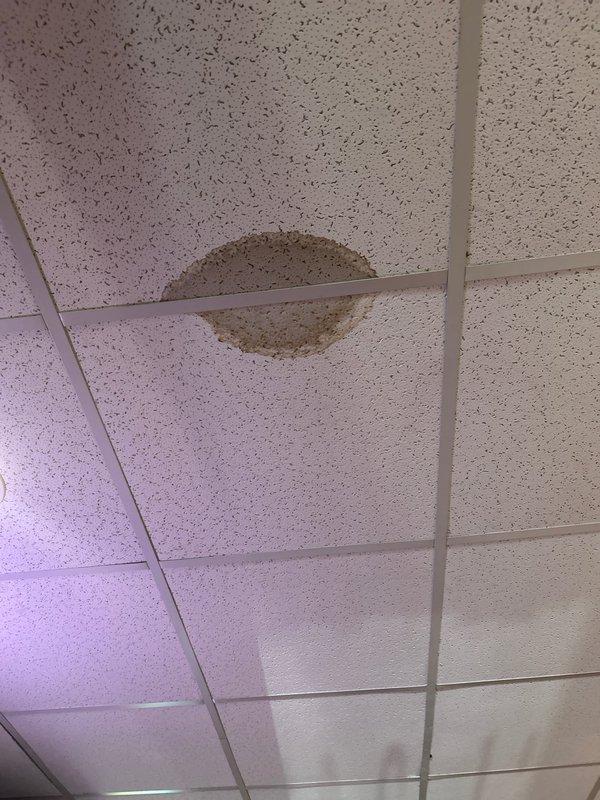 Responded to warranty callback for reported water leak following previous plumbing work. Upon inspection, documented evidence of active water intrusion affecting ceiling tiles and adjacent wall/threshold areas. Photographed water-stained acoustic ceiling tile showing circular brown discoloration pattern indicating ongoing moisture penetration from above. Also documented deterioration at floor-level threshold junction where water damage caused paint failure, dark staining, and debris accumulation in corners and track components. Investigation focused on identifying leak source and extent of water damage to building materials for warranty evaluation and remediation planning.