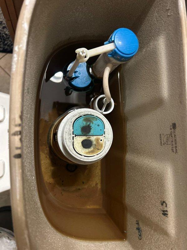 Responded to multiple plumbing issues throughout the property. Inspected first-floor toilet with slow tank fill issue and found sediment buildup and discolored water in tank, indicating potential fill valve malfunction or supply line restriction. Removed tank lid to assess internal flush mechanisms including float valve assembly and flush valve components. Evaluated basement toilet leaking at base, which typically requires wax ring replacement and closet flange inspection. Assessed basement bathroom sink with low water pressure issue. Inspected refrigerator cold water supply line as requested.