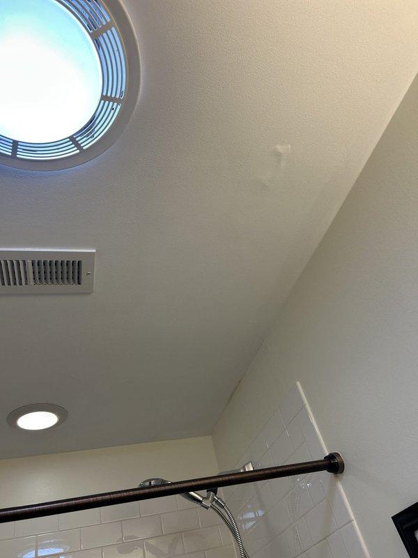 Responded to service call for leaking tub drain in bathroom with skylight and modern tile finishes. Inspected bathroom plumbing system, focusing on bathtub drain assembly and surrounding fixtures including handheld showerhead installation and wall-mounted components. Documented existing conditions showing white subway tile walls, chrome fixtures, and ceiling-mounted ventilation and lighting systems to assess potential leak sources and water damage patterns.