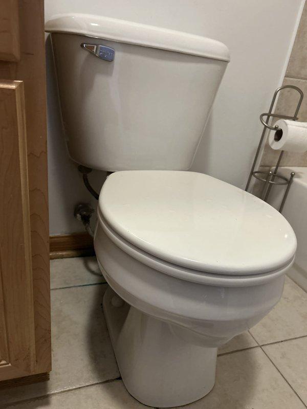 Responded to service call for whistling noise in bathroom shower and provided estimate for replacement of two residential toilets. Inspected existing toilet installations in bathroom, documenting current conditions of standard two-piece white porcelain toilets with chrome flush handles and proper water supply connections. Both units evaluated for replacement consideration. Photos captured showing existing fixtures, including tank and bowl configurations, mounting hardware, and surrounding bathroom conditions with beige tile flooring and standard residential plumbing connections.