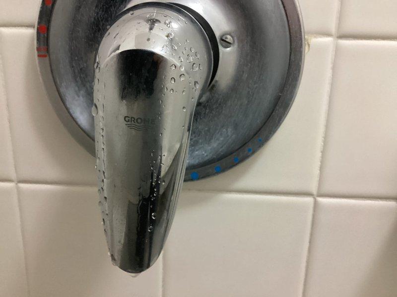 Responded to service call for two leaking Grohe bathroom shower fixtures. Upon inspection, identified water leakage at both shower valve assemblies mounted on white subway-tiled walls. Examined chrome-plated Grohe shower control handles and trim escutcheons, noting moisture accumulation and active dripping at valve interfaces. Documented existing conditions with detailed photography showing modern single-lever shower controls with circular mounting plates and handheld shower brackets. Assessed valve cartridges, seals, and trim components for wear and deterioration. Provided estimate for repair options including cartridge replacement, seal renewal, and potential valve body service to restore proper function and eliminate leaks at both fixtures.