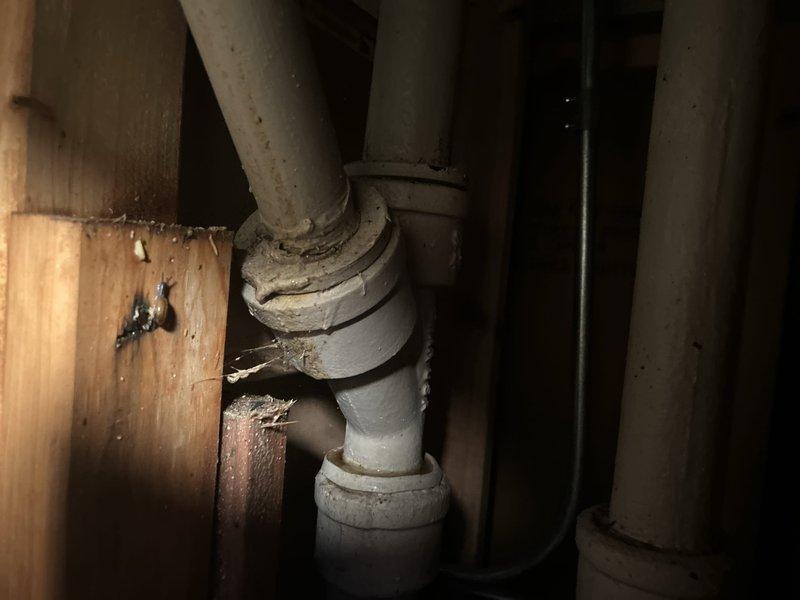 Responded to water intrusion issue in basement with visible pooling near baseboard and audible trickling behind walls. Performed comprehensive leak location inspection of plumbing system in crawlspace and basement area. Visual examination revealed moisture damage and dark staining on floor joists, PVC piping, and wooden structural components near pipe penetrations. Inspected multiple pipe junctions and fittings for signs of active leakage. Documented water damage patterns and deterioration on building infrastructure components. Identified areas of concern requiring further evaluation to determine if source is supply line failure or groundwater seepage through foundation.