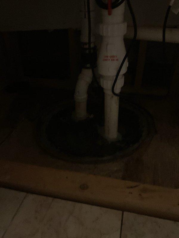 Responded to service call for gurgling drains and non-operational pump in basement utility area. Upon inspection, identified issues with sump pump system and associated PVC drainage piping. Documented existing plumbing configuration including vertical waste lines with attached electrical wiring and pump installation with red valve mechanism. Assessed pump functionality and drainage system performance. Photographed installation showing pump basin, discharge piping, and check valve assembly for diagnostic and documentation purposes.