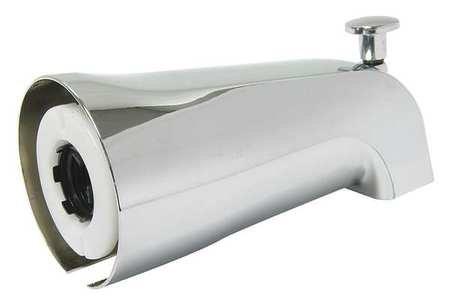 Replaced defective bathtub spout and diverter assembly with new chrome-plated fixture. Building water supply was shut down to facilitate safe removal and installation of the replacement spout, ensuring proper seal and functionality of the diverter mechanism for shower operation.