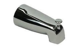 Replaced defective bathtub spout and diverter assembly with new chrome-plated fixture. Building water supply was shut down to facilitate safe removal and installation of the replacement spout, ensuring proper seal and functionality of the diverter mechanism for shower operation.