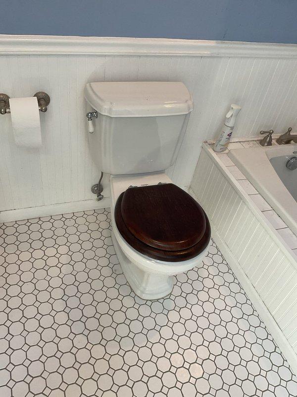 Performed toilet service call at residential bathroom with traditional styling and white beadboard wainscoting. Inspected two-piece porcelain toilet with dark wood seat, verified proper operation of flush mechanism and chrome flush handle, and confirmed all fixtures were functioning correctly. Documentation photos captured existing conditions of toilet installation, surrounding tile work, and coordinated bathroom fixtures.