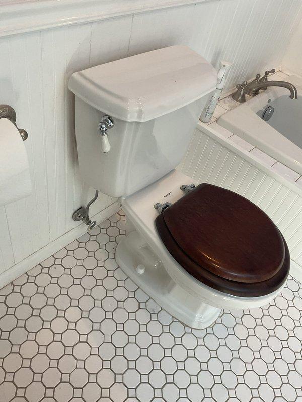 Performed toilet service call at residential bathroom with traditional styling and white beadboard wainscoting. Inspected two-piece porcelain toilet with dark wood seat, verified proper operation of flush mechanism and chrome flush handle, and confirmed all fixtures were functioning correctly. Documentation photos captured existing conditions of toilet installation, surrounding tile work, and coordinated bathroom fixtures.