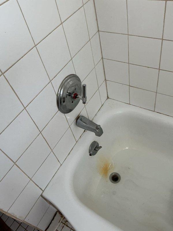 Responded to service call for slow-draining bathtub and shower handle inspection. Upon arrival, assessed bathroom fixtures including tub drain assembly and shower control valve. Inspected bathtub drain stopper mechanism and identified visible mineral deposits and rust staining near drain opening indicating potential buildup within drain line. Accessed crawlspace beneath bathroom to examine drainage plumbing infrastructure, noting connection points between white PVC piping and older galvanized drain lines. Evaluated shower valve assembly with temperature control handle and diverter spout for proper operation and potential replacement needs.