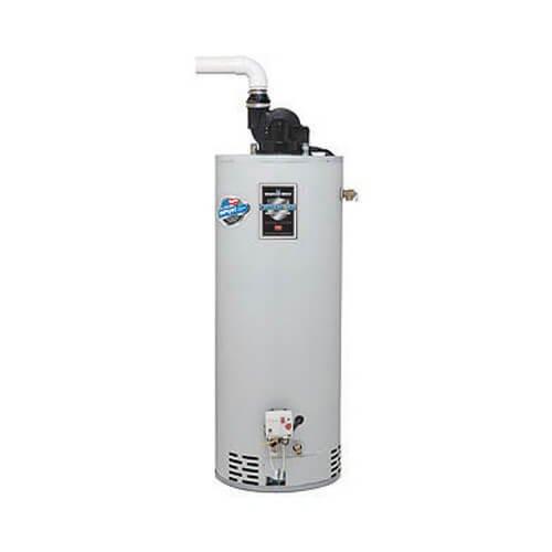 Completed installation of residential tanked gas water heater in basement utility area. Installed new white cylindrical water heater unit with proper venting assembly, including black pump/motor component and white exhaust vent pipe configured at right angle for proper draft. Connected copper supply and discharge lines with brass fittings, installed circulation pump with visible blue component for enhanced hot water delivery. Secured all plumbing connections to manufacturer specifications and verified proper gas valve assembly operation at unit's control panel. Ensured compliance with local building codes for basement water heater installations including proper clearances from walls and adequate ventilation access through unit's lower louver system.