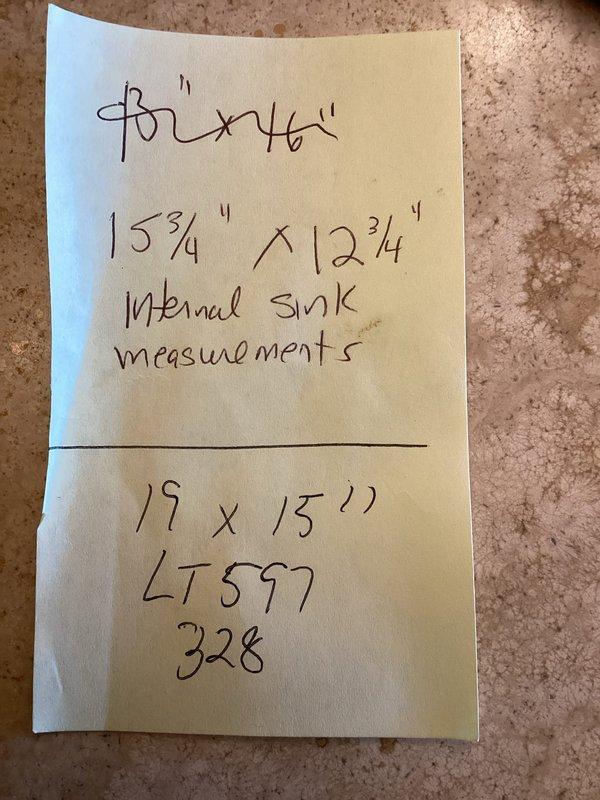 Measured existing bathroom vanity sink for replacement fixture, documenting internal basin dimensions of 15 3/4" x 12 3/4" and overall countertop cutout of 19" x 13". Parts have been ordered (model LT597) and are available for installation; scheduling follow-up appointment to complete fixture replacement.