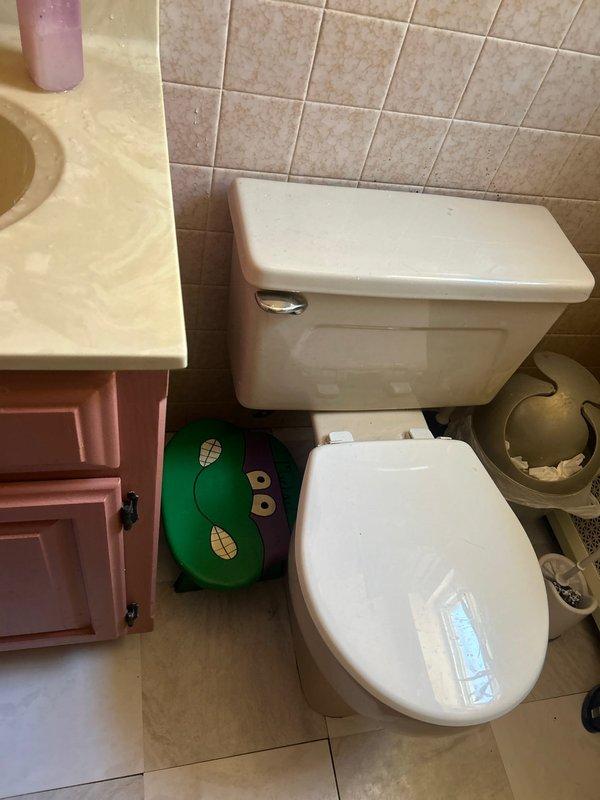 Completed plumbing repair service in residential bathroom. Assessed toilet installation and surrounding floor conditions, documenting existing penny tile flooring and toilet base condition showing age-related wear and discoloration at floor connection point. Provided repair recommendations and sold necessary plumbing services to address identified issues.