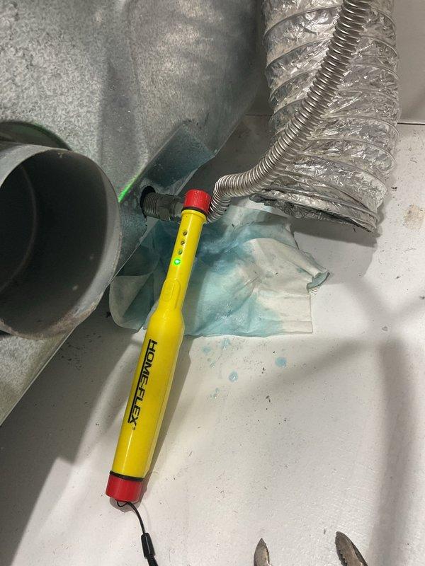 Responded to reported gas odor in laundry room area. Performed comprehensive gas leak detection and pressure testing using professional leak detection equipment throughout the affected space and adjacent HVAC components. Inspection revealed no active gas leaks present; all connections, fittings, and gas lines tested within normal parameters and passed pressure test standards.