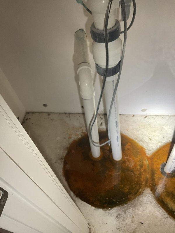 Responded to emergency plumbing call for basement toilet backing up into shower and multiple slow-draining fixtures. Upon arrival, discovered significant water damage and standing water in utility closet area with visible orange-brown discoloration indicating sewage backup. Performed main drain line inspection and identified blockage in primary sewer line causing backup into lower-level fixtures. Cleared obstruction using drain snake equipment, restoring proper flow to basement toilet and shower. Addressed slow-draining sinks by clearing secondary drain lines of accumulated debris and buildup. Tested all affected fixtures to confirm proper drainage and verified no additional blockages in system. Noted water staining on concrete floor and around pipe penetrations indicating previous overflow events. Recommended monitoring for recurring issues and potential camera inspection of main sewer line to assess condition and identify any underlying problems such as root intrusion or pipe deterio
